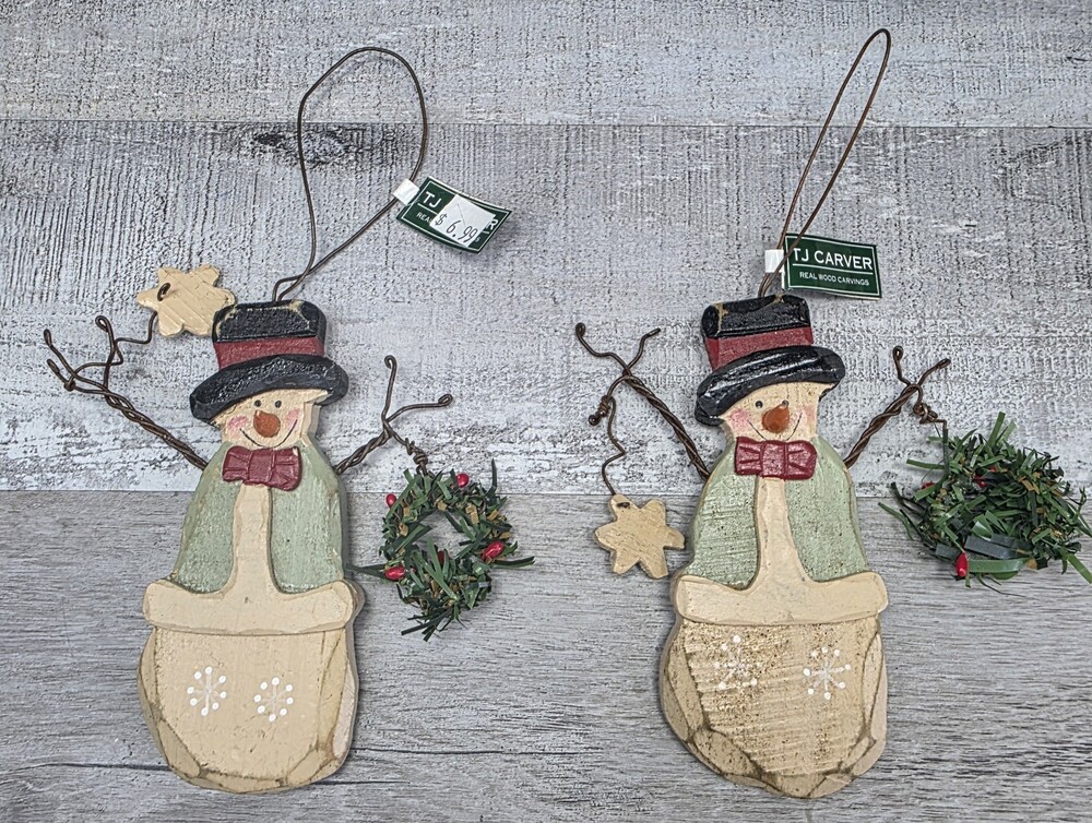 TJ Carver Snowman Real Wood Carvings Christmas Holiday Ornament 6" Lot G37e